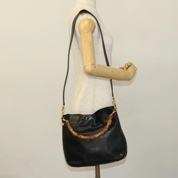 GUCCI Bamboo Shoulder Bag Leather 2way Black Gold - Picture 1 of 16